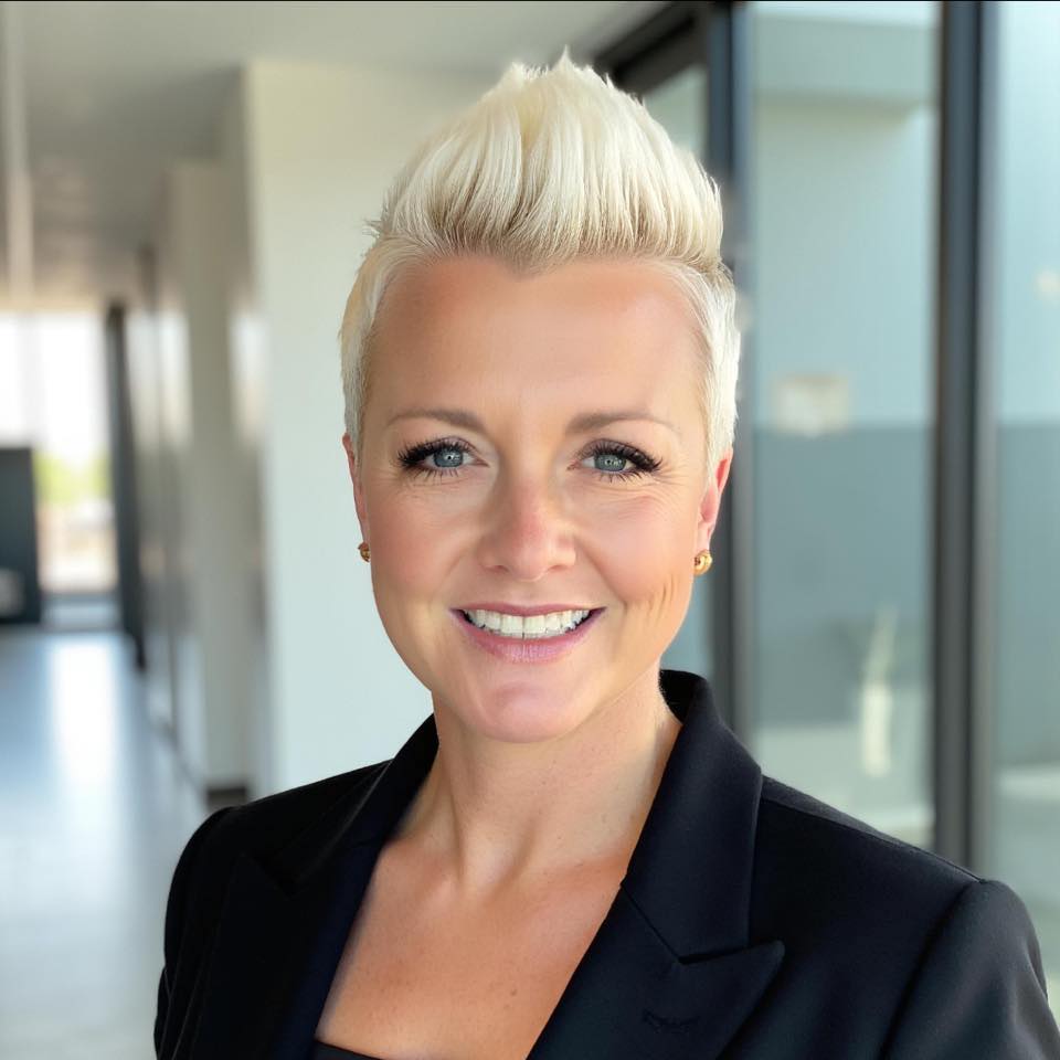 Smiling woman with short platinum blonde hair wearing a yellow blazer, matching jewelry including a necklace and earrings, and a white top, against a plain white background.