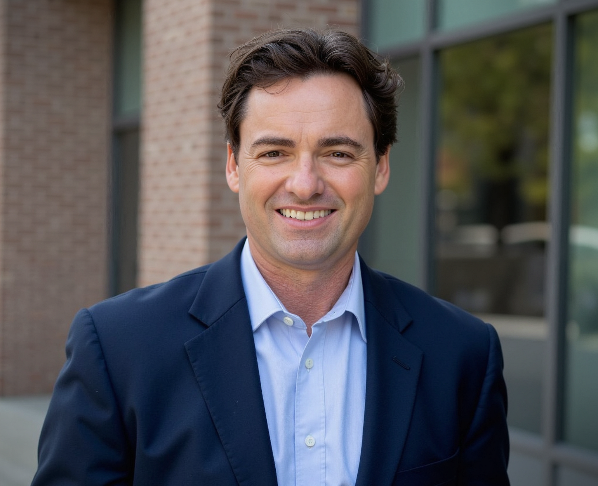 Smiling man with styled hair wearing a light blue shirt, outdoor setting