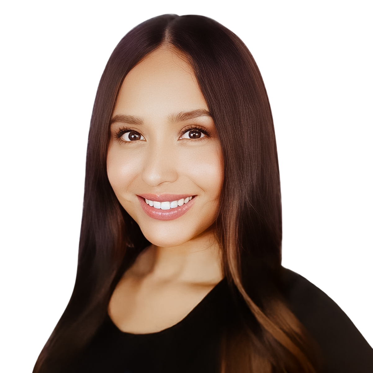 Professional businessman in a black suit, white shirt, and black tie smiling and posing confidently.